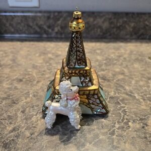 Eiffel Tower French Poodle Dog Paris France Blown Glass Christmas Ornament 5.25"